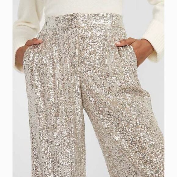 Express Silver Sequin Cropped High-Rise Wide Leg Pants - Picture 5 of 15